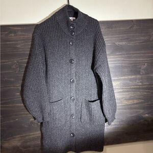 Ribbed Long Button-Front Cardigan Sweater - Charcoal